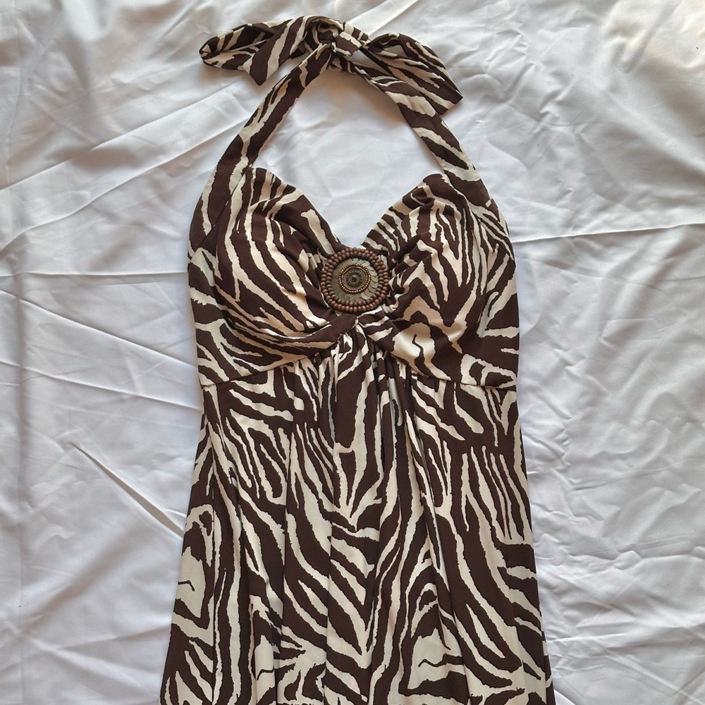 Brown and Cream Zebra Print Vintage Halter Dress